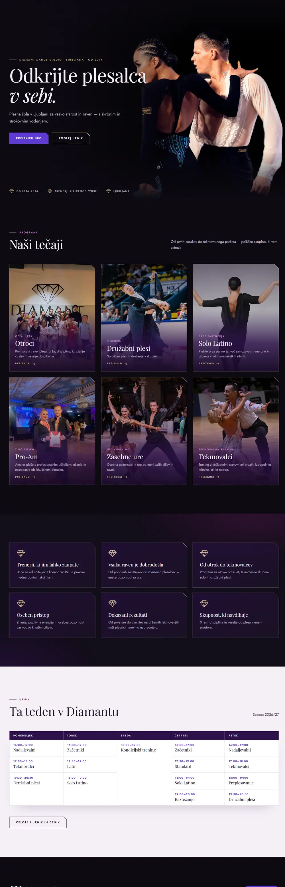 Celotna stran plesne šole Diamant Dance